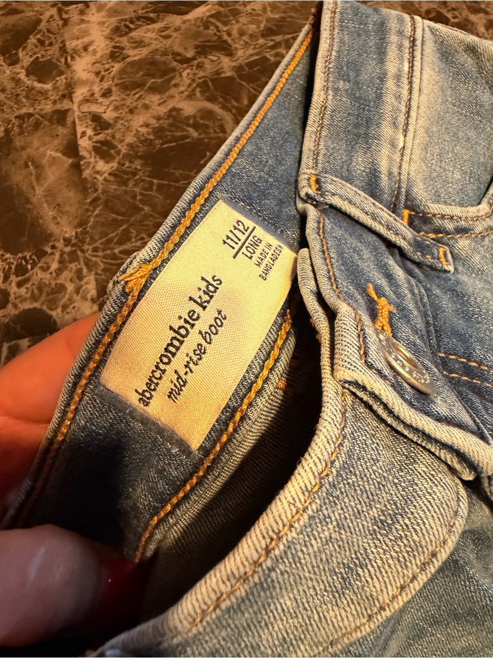abercrombie kids light blue denim jeans with gold stitching